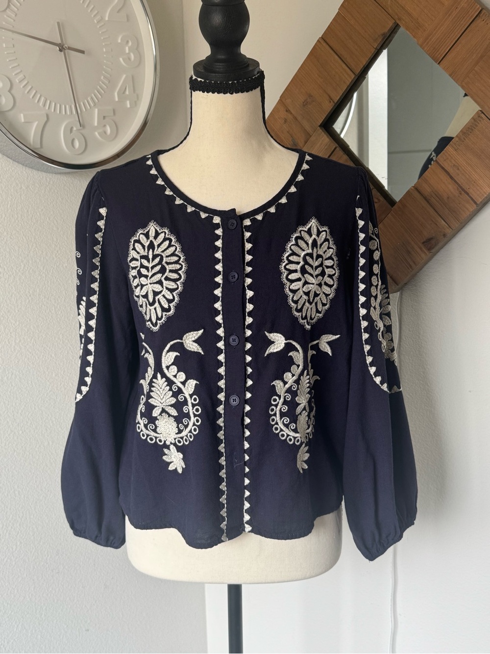 Solitaire Navy Embroidered Button-Front Blouse